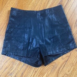 High Waisted Faux Vegan Leather Embroidered Black Shorts - Witchcore